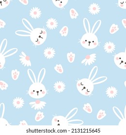 Seamless pattern with rabbit cartoons and daisy flower field on blue background vector illustration. 