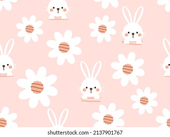 Seamless pattern with rabbit cartoons and daisy flower on pink background vector illustration.