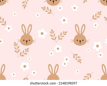 Seamless pattern with rabbit cartoons, daisy flower and branches on pink background vector illustration.