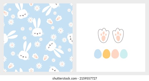 Seamless pattern with rabbit cartoons and daisy flower on blue background. Rabbit paw prints and Easter eggs isolated on white background vector illustration.