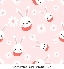Seamless pattern with rabbit cartoons and daisy flower on pink background vector illustration. Cute childish print.