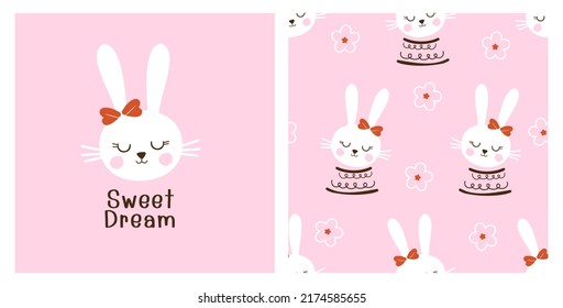 Seamless pattern with rabbit cartoons, daisy flower on pink background. Sleeping rabbit with hand written font vector illustration. Cute childish print.