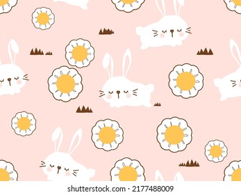 Patrón sin foco con dibujos animados de conejo y flor de margarita en la ilustración vectorial de fondo rosa. Huella infantil.