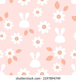 Seamless Pattern With Rabbit Cartoons And Daisy Flower On Pink Background Vector Illustration.