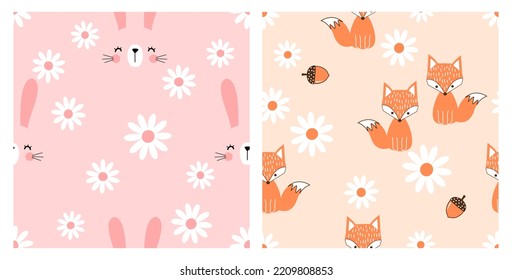 Seamless pattern with rabbit cartoons, daisy flower and fox on pink and orange backgrounds vector illustration. 