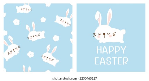 Seamless pattern with rabbit cartoons and daisy flower on blue background. Sleeping rabbit and hand written fonts vector illustration.