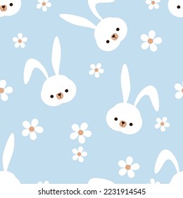 Seamless pattern with rabbit cartoons and daisy flower on blue background vector illustration. Cute childish print.