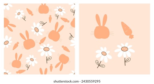 Seamless pattern with rabbit cartoons, daisy flower and carrot on orange background. Rabbit, carrot and daisy flower icon set vector.