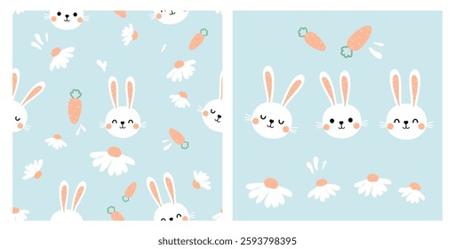 Seamless pattern with rabbit cartoons, daisy flower and carrot on blue background. 