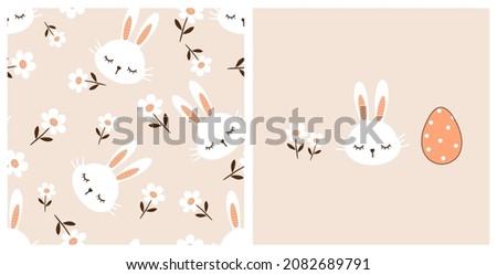 Seamless pattern with rabbit cartoons and daisy flower on pastel background. Daisy, rabbit head and Easter egg vector illustration.