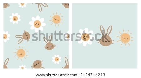 Seamless pattern with rabbit cartoons, daisy flowers and cute sun on pastel green background. Nursery wallpaper, textile or wrapping paper vector illustration.