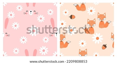 Seamless pattern with rabbit cartoons, daisy flower and fox on pink and orange backgrounds vector illustration. 