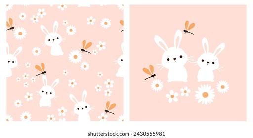 Seamless pattern with rabbit cartoons, dragonflies and daisy flower on pink background. Bunny, dragonfly and daisy flower icon sign vector.