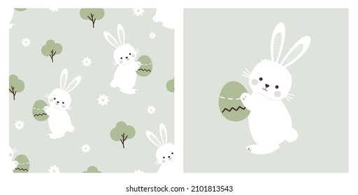 Seamless pattern with rabbit cartoons, Easter eggs, tree and daisy flower on green background vector illustration. 