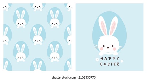 Seamless pattern with rabbit cartoons and Easter eggs on blue background. Happy Easter card with rabbit cartoon hand written text and little daisy flower vector illustration.