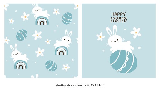 Seamless pattern with rabbit cartoons, Easter egg and little flower on green mint background. Easter card with cute bunny and Easter egg vector.