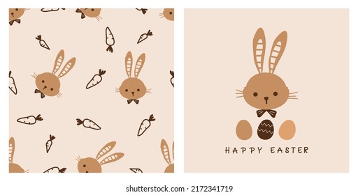 Seamless pattern with rabbit cartoons, hand drawn carrots and Easter eggs on pastel brown backgrounds vector illustration.