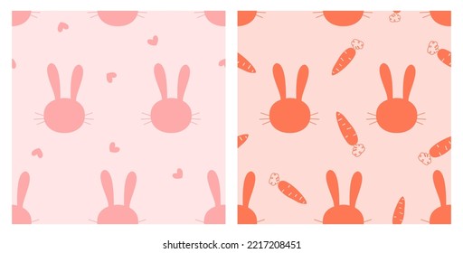 Patrón sin foco con dibujos animados de conejo, corazón y zanahorias en la ilustración vectorial de fondo rosa y naranja.