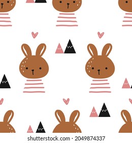 Seamless pattern with rabbit cartoons and hearts on white background vector illustration.