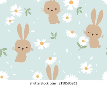 Seamless pattern with rabbit cartoons on daisy garden vector illustration. Cute summer wall decoration.