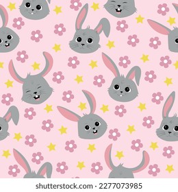 Seamless pattern with rabbit cartoons on pink background. Newborn seamless pattern, children print textile design. Vector illustration.