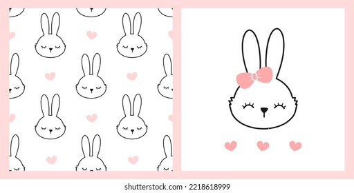 Seamless pattern with rabbit cartoons and pink hearts on white background. Rabbit face with hearts vector illustration. 