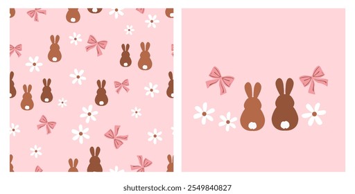 Seamless pattern with rabbit cartoons, ribbon bows and daisy flower on pink background vector.  