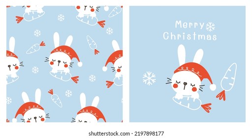 Seamless pattern with rabbit cartoons, Santa hats, and snowflakes on blue backgrounds vector illustration. 
