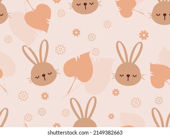 Seamless pattern with rabbit cartoons, small flower, and tropical leaves on orange background vector illustration. 