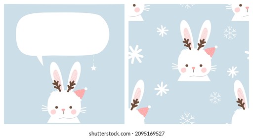 Seamless pattern with rabbit cartoons and snowflakes on blue background. Cute rabbit and  speech bubble vector.