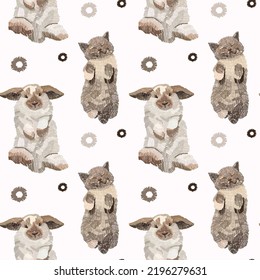 
Seamless pattern with rabbit and cat. Cute background.