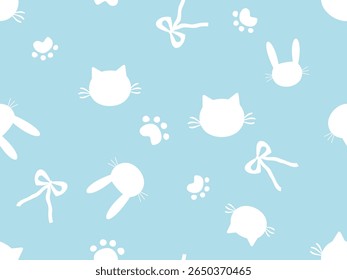 Nahtloses Muster mit Kaninchen, Katze, Pfotenabdrücken und Schleifen auf blauem Hintergrund, Vektor.