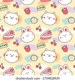 Seamless pattern of rabbit and cat with strawberry cake cherry and flower.Animal cartoon doodle.Image for wallpaper,card,paper gift,baby product.Kawaii.Vector.Illustration.