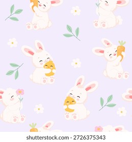 Patrón sin fisuras con conejo, pollito, flores. Ilustración vectorial. Feliz día de Pascua.