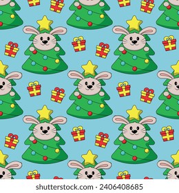 Seamless pattern with Rabbit in costume Christmas Tree