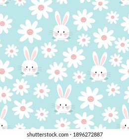 Seamless pattern with rabbit and daisy flower on blue background vector illustration.