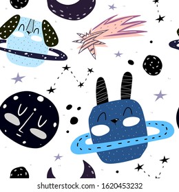 seamless pattern with rabbit, dog in space, planet, moon, decor elements. Colorful flat style, vector for kids. hand drawing. baby design for fabric, print, nursery wallpaper, textile