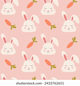 Seamless pattern with rabbit face and carrot. Cute hand drawn illustration. Happy Easter