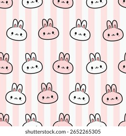 Naadloze patroon met konijn gezicht cartoon doodle, Kawaii konijntje hoofd patroon op roze gestreepte achtergrond