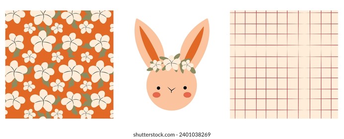Seamless pattern with rabbit  face , cotton and flowers  on purple, orange background. Nursery wallpaper, textile or wrapping paper vector illustration.