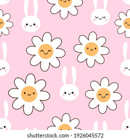 Seamless pattern with rabbit face and daisy flower on pink background vector illustration. Cute childish print.