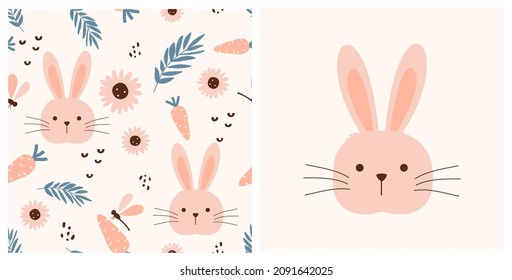 Seamless pattern and rabbit face  daisy flower  leaf   carrot pastel background vector illustration  Happy Easter day 