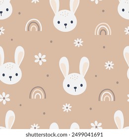 Seamless pattern with rabbit face, daisy flower and rainbow. Pastel background. Used for fabric, textile, wallpaper, wrapping. kids apparel design. Vector illustration