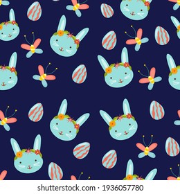 Seamless pattern with rabbit face, eggs, butterflies. Design elements for celebrate Easter. Cute cartoon illustrations. Decorations for design.