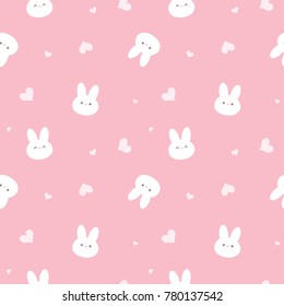 Seamless Pattern of Rabbit Face and Heart Design on Pink Background