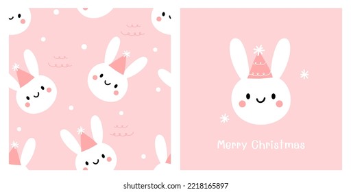 Seamless pattern with rabbit face and snowflakes on pink background. Rabbit cartoon, snow and hand written fonts on pink background vector illustration. 