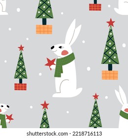 Seamless pattern with rabbit. Festive winter wallpaper. Christmas background for home decor. Vector pattern in hand drawn style.