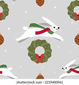 Seamless pattern with rabbit. Festive winter wallpaper. Christmas background for home decor. Vector illustration.