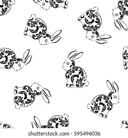 Seamless pattern. Rabbit with floral tracery  isolated on a white background.