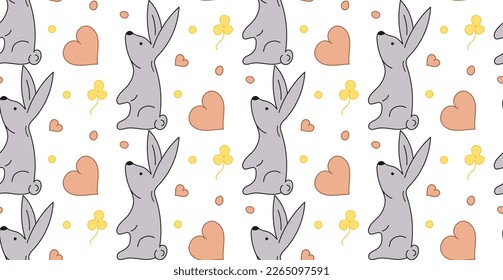 Seamless pattern Rabbit, flower, hearts. Pastel vector. Texture of Easter gift, textile. Illustration for background, card, poster, coves, scrapbooking, textile, fabric, craft paper, banner, notebook.